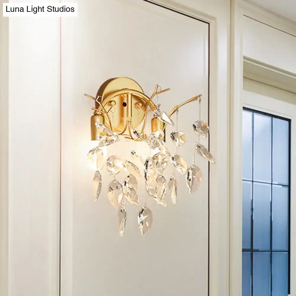 Gold Crystal Leaf Shaped Wall Lamp with hanging crystal leaves, Decorbites sconce on Tampa Home & Garden Store