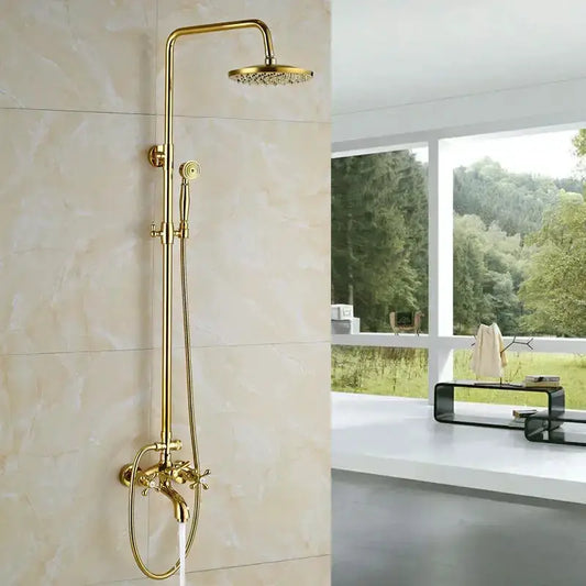 Decorbites gold shower mixer taps with rainfall head and handheld shower in brass finish on Tampa Home & Garden Store