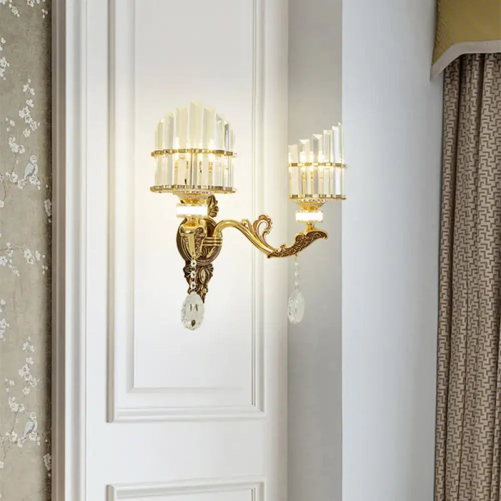 Gold Arc Crystal Sconce by Decorbites; ornate gold two-arm wall fixture with crystal drops on Tampa Home & Garden Store