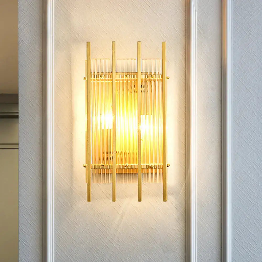 Gold Crystal Dual-Head Rod Sconce by Decorbites with rods and crystal accents on wall on Tampa Home & Garden Store