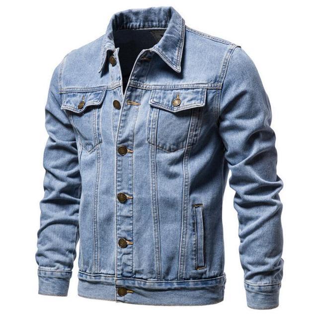 Stevvex men's light blue denim trucker jacket with brass buttons and chest pockets on Tampa Home & Garden Store