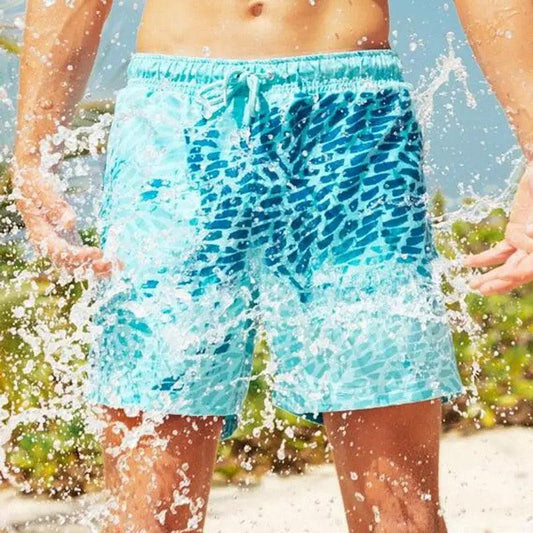 Stevvex men's boardshorts turquoise blue gradient swim trunks with splash print on Tampa Home & Garden Store