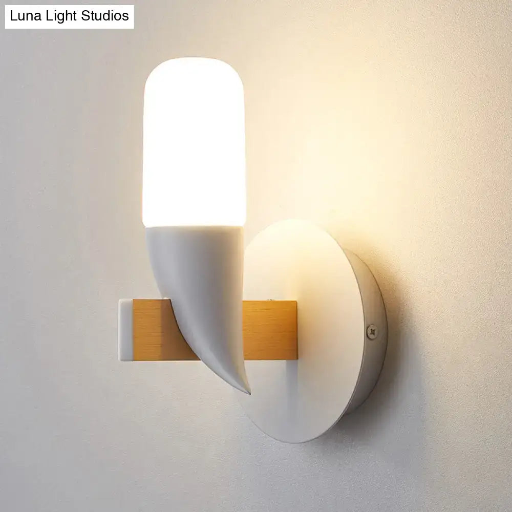 White wood bedroom wall lamp by Decorbites, frosted cylindrical shade with natural wood arm on Tampa Home & Garden Store