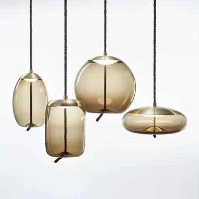 Modern Glass Chandelier with Twine pendants by Decorbites, four amber glass shades for bar decor on Tampa Home & Garden Store