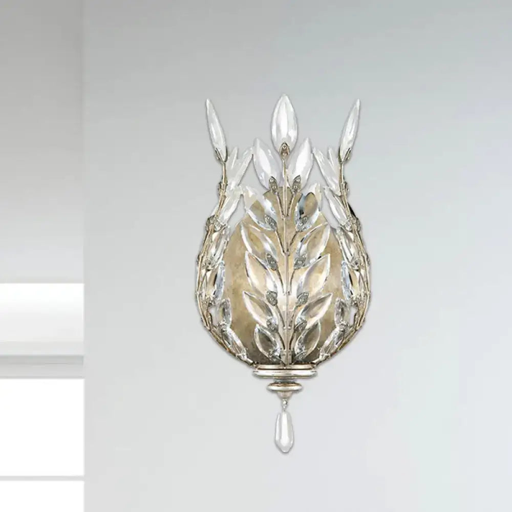 Brass crystal single-drop wall light with leaf motif and hanging teardrop by Decorbites on Tampa Home & Garden Store