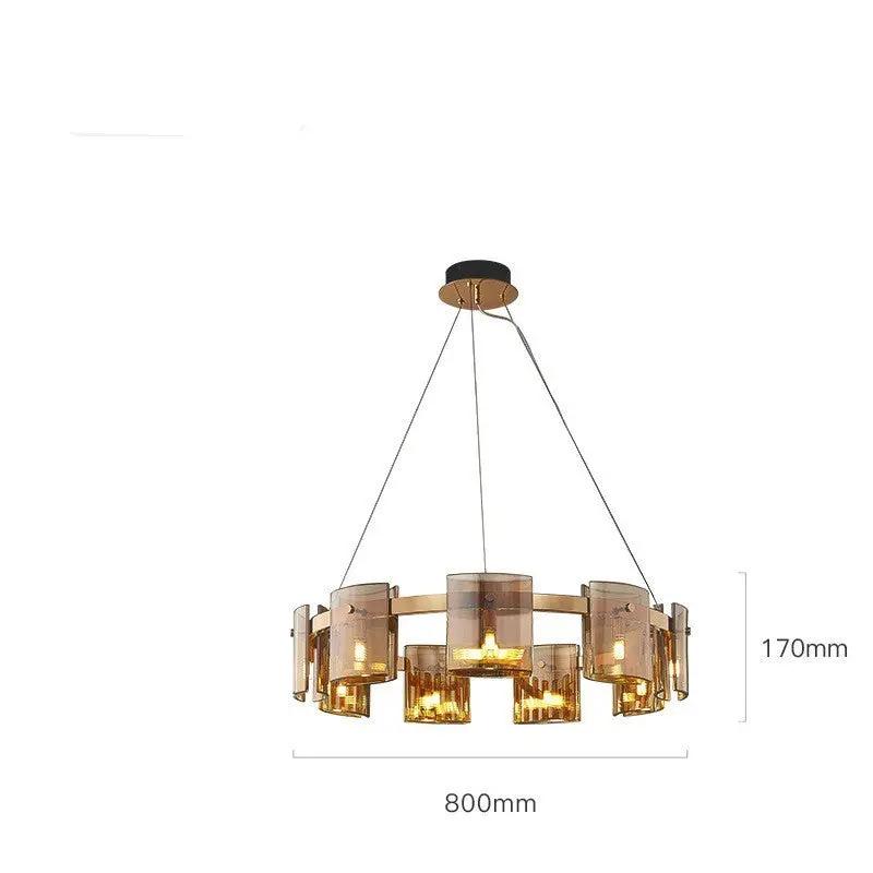 Modern Glass Chandelier by Decorbites, amber glass cylinders, gold-brass frame 800mm on Tampa Home & Garden Store