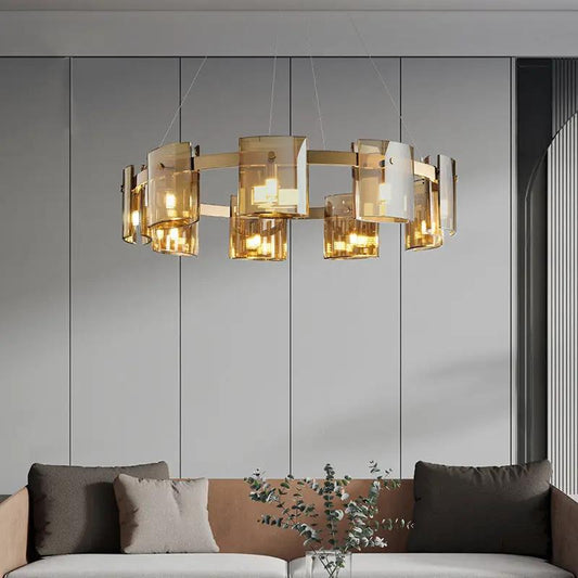 Modern glass living room chandelier with amber glass shades and a gold ring on Tampa Home & Garden Store