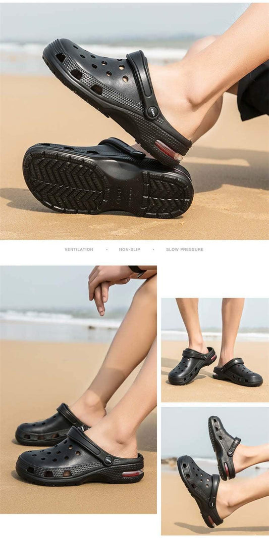 Stevvex black garden clogs with perforated EVA uppers and heel strap, slip-ons for men on Tampa Home & Garden Store