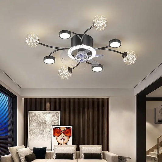 Decorbites modern smart ceiling fan lamp with black metal arms and crystal globe lights on Tampa Home & Garden Store