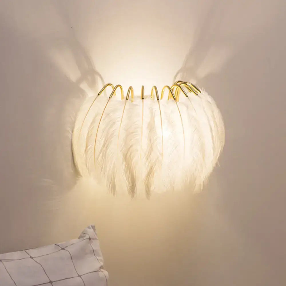 Grey Feather Parlor Wall Sconce by Decorbites, white feather shade with gold ring accents on Tampa Home & Garden Store