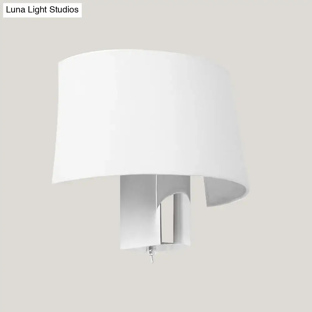 White Fabric Modern Sconce Lamp - Minimalist Bedroom Wall Lighting Idea with Chrome Lamp Socket