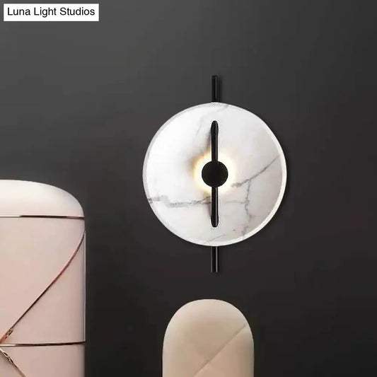 White minimalist acrylic LED wall sconce lamp by Decorbites on marble disc with black bar on Tampa Home & Garden Store