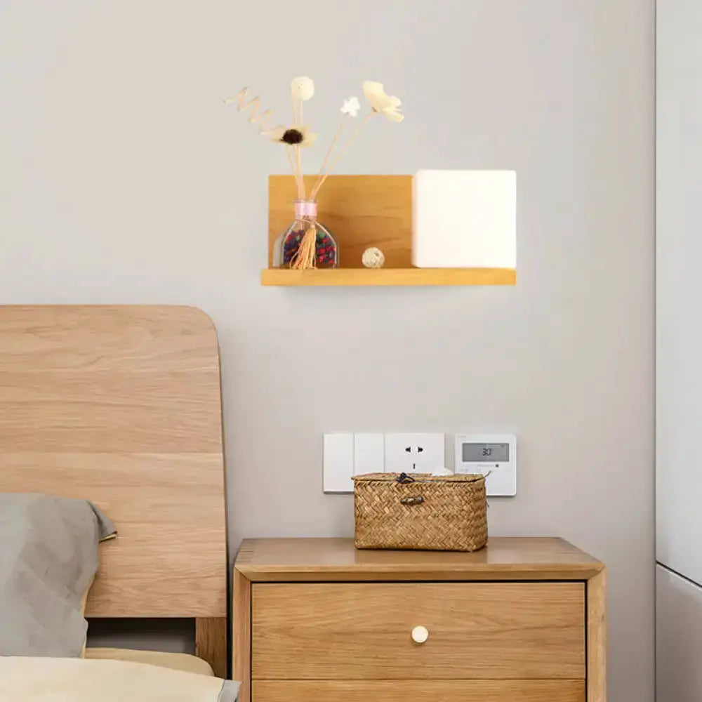 Modern wood floating shelf with beige wall lamp bedroom sconce light by Decorbites on Tampa Home & Garden Store