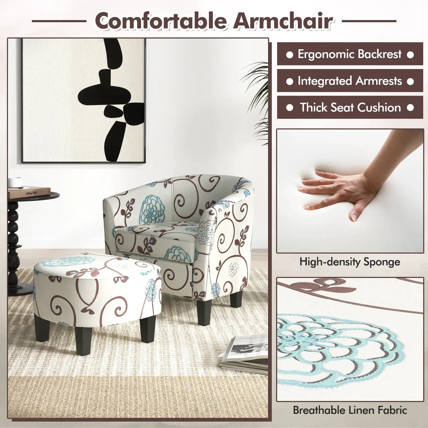 Beige fabric tub chair and matching floral ottoman in teal and brown, dark wood legs on Tampa Home & Garden Store