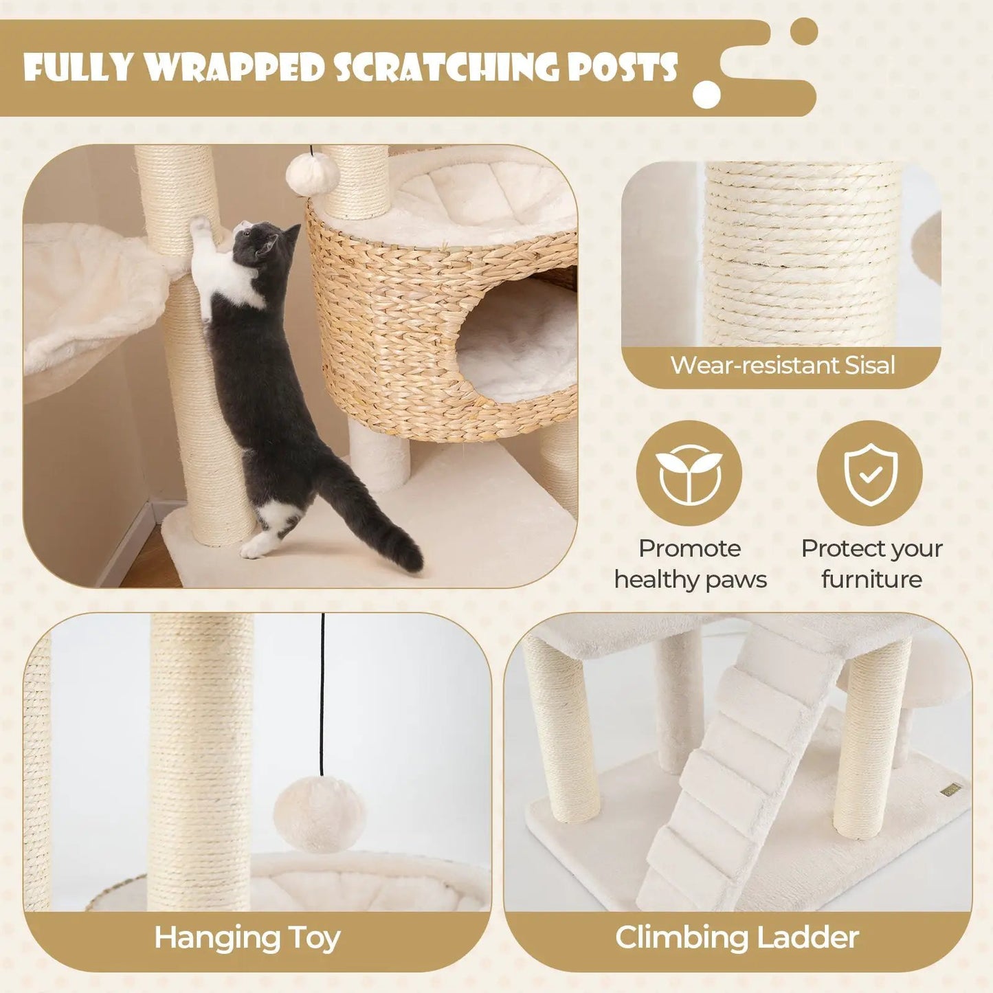 Modern Cat Tree with Cattail Condo and Top Perch, natural sisal-wrapped posts by DirectDeals on Tampa Home & Garden Store
