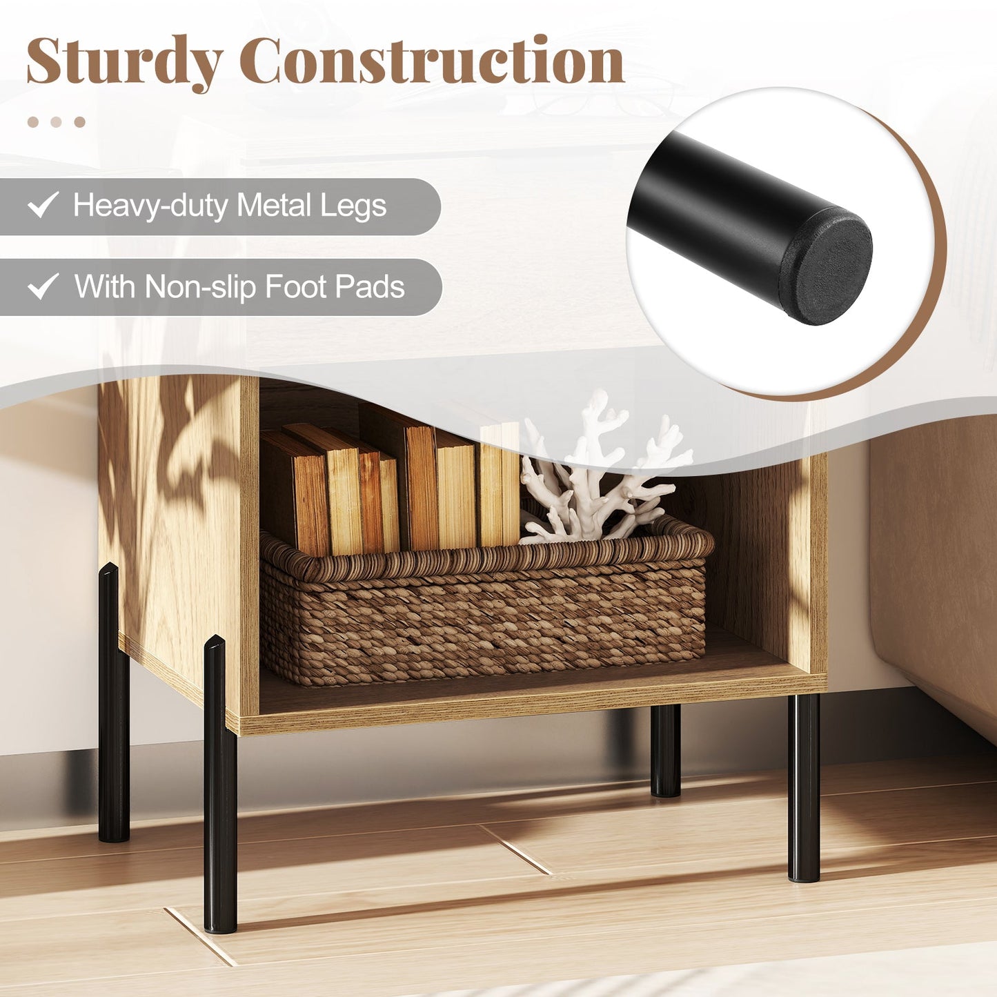 Modern nightstand with charging station, natural wood finish, black metal legs, open shelf on Tampa Home & Garden Store