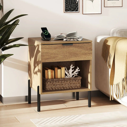 Modern nightstand with charging station in natural wood finish and black metal legs on Tampa Home & Garden Store