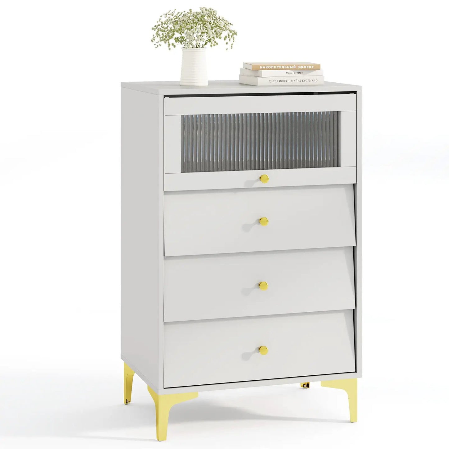 Modern Storage Cabinet with Flip Up Fluted Glass Door and Pull-out Drawers-Gray - Tampa Home & Garden Store
