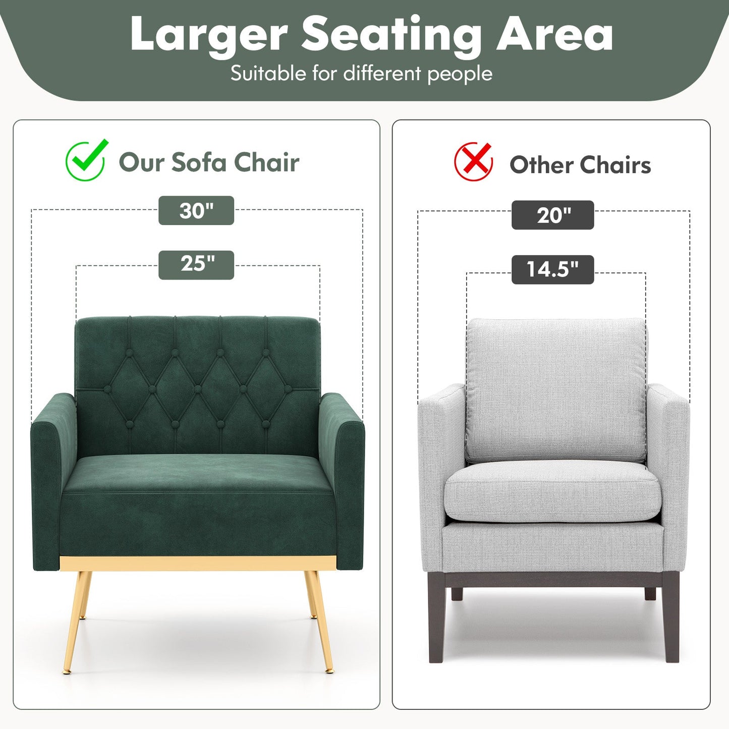 Sillón moderno de terciopelo con respaldo capitoné, patas de metal dorado y almohadillas ajustables-Verde