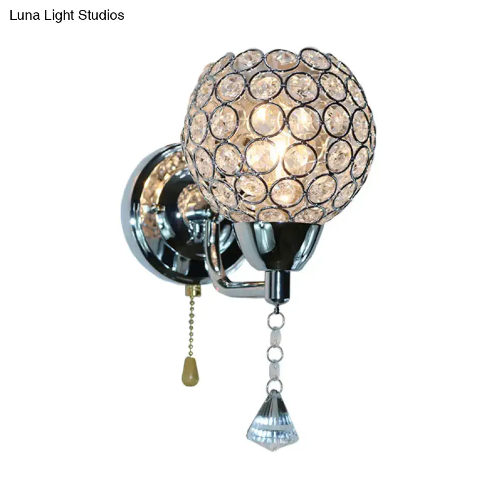 Chrome crystal metal frame wall light sconce with globe of crystals, pull-chain Decorbites on Tampa Home & Garden Store