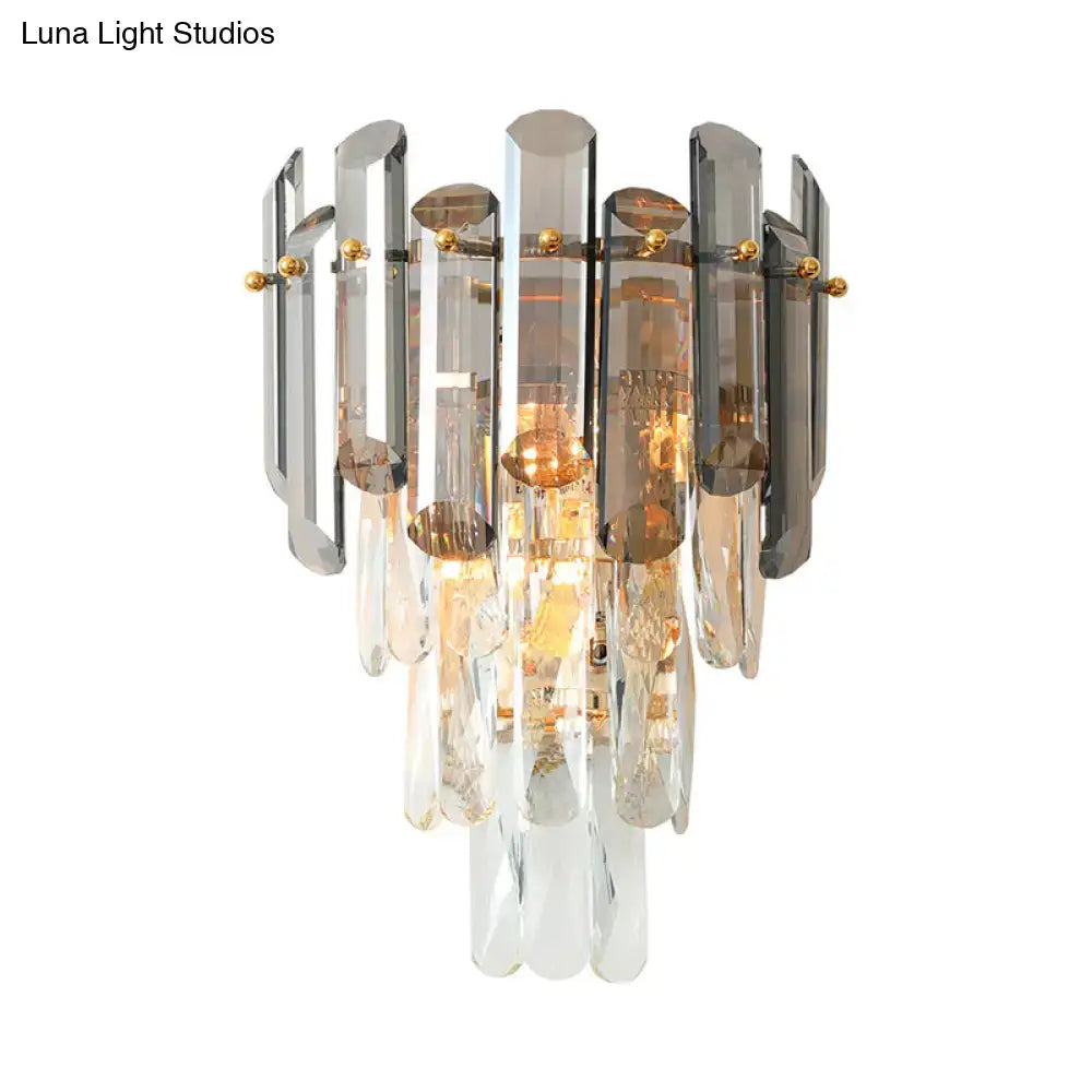 Tiered Crystal Wall Sconce - Modernist Clear & Smoke Gray Wall Lighting Fixture