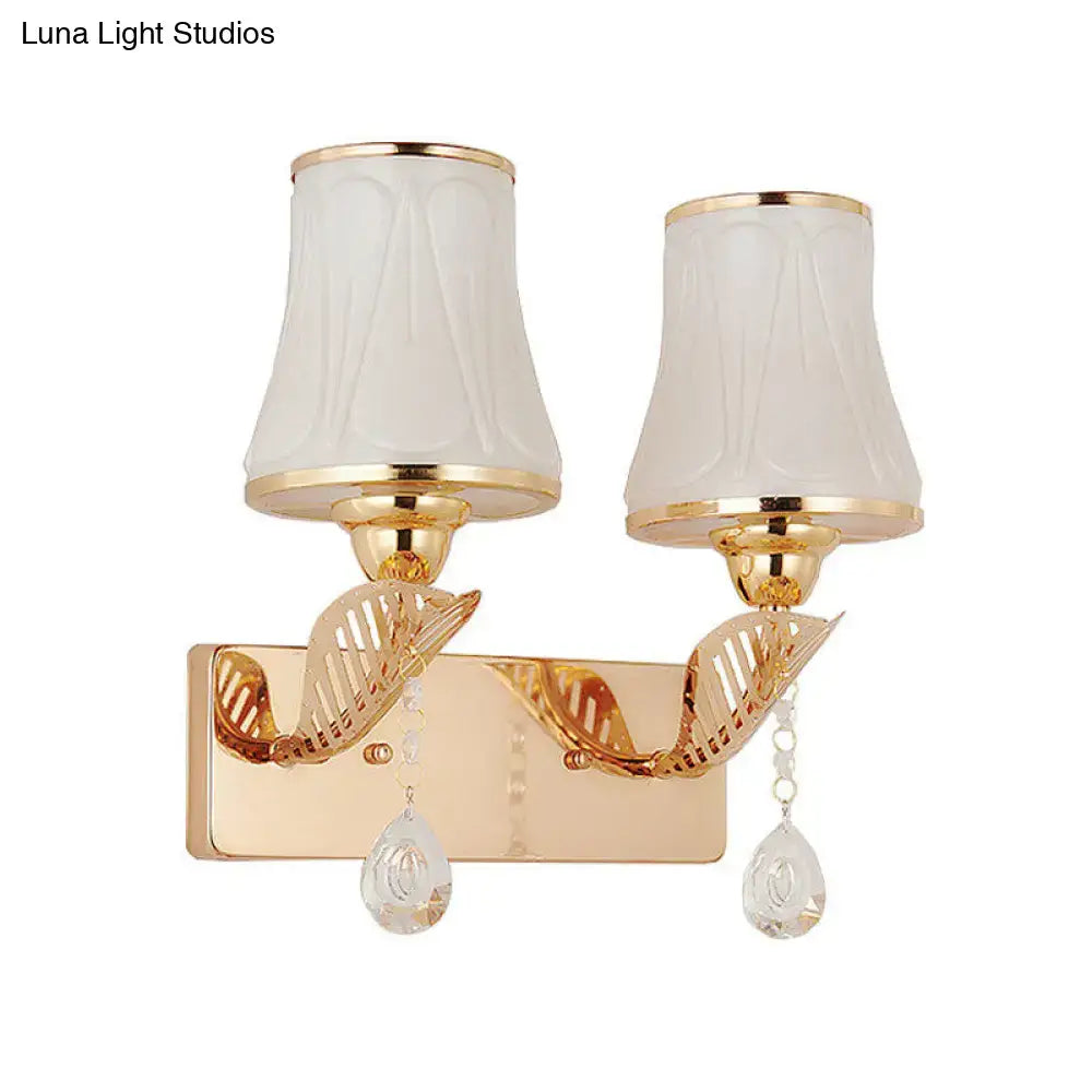 Gold opal glass crystal drop wall light sconce with twin shades and crystal drops on Tampa Home & Garden Store
