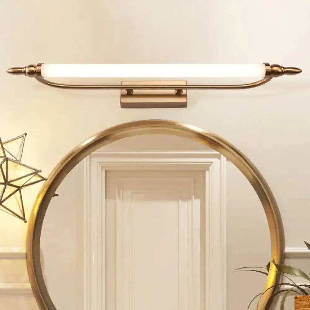 Modernist gold tube metal vanity wall light fixture by Decorbites with frosted white tube on Tampa Home & Garden Store