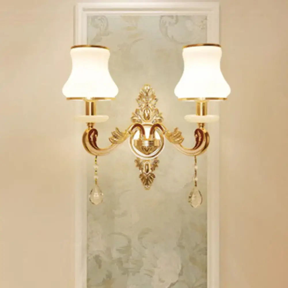 Gold Glass Shade Sconce by Decorbites, ornate brass two-arm wall light with crystal drops on Tampa Home & Garden Store