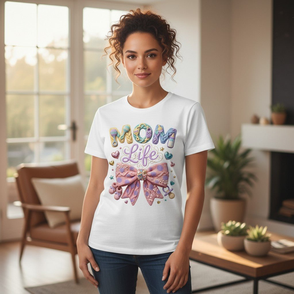 Mom Life Cotton Tee With Bow And Pastel Print