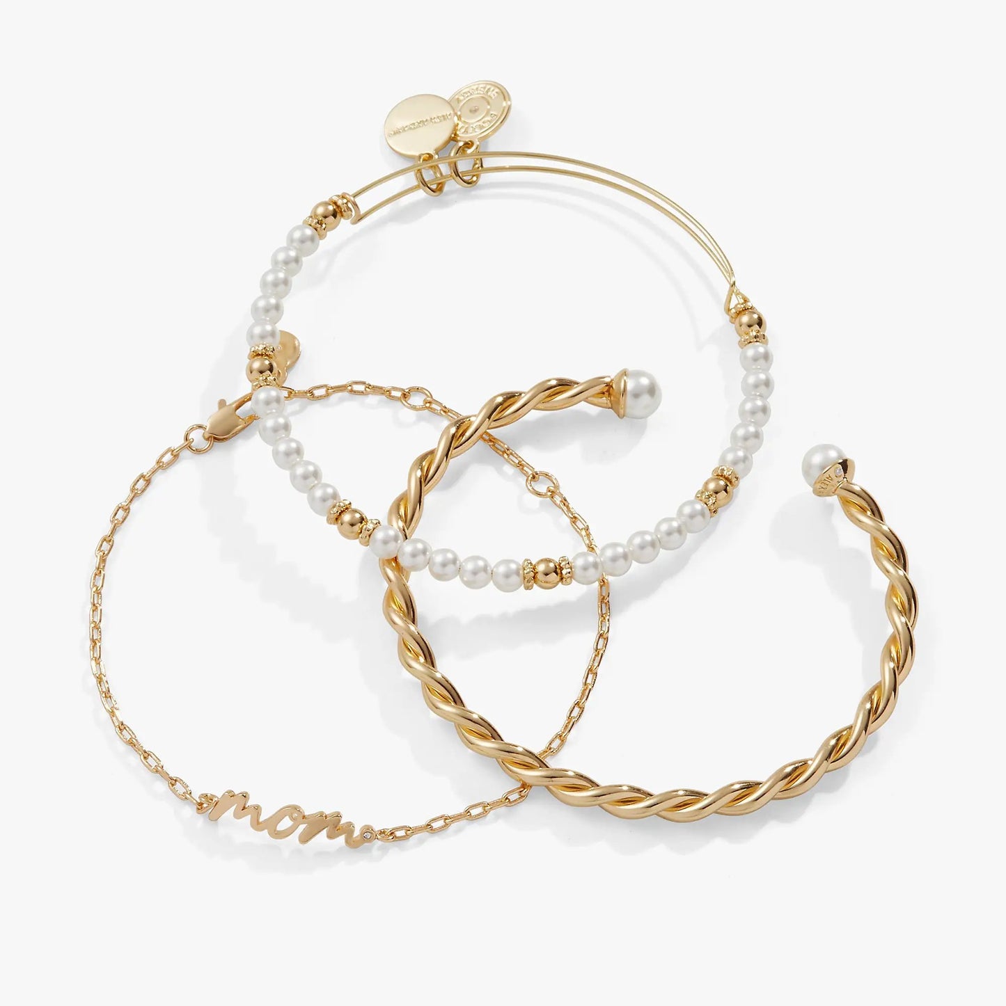 Mom Script Bracelet Set of 3 by ALEX AND ANI featuring gold-tone bands and white pearl beads on Tampa Home & Garden Store