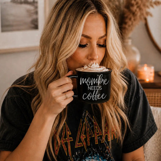 Mombie mug black ceramic coffee cup with white script mombie needs coffee on Tampa Home & Garden Store