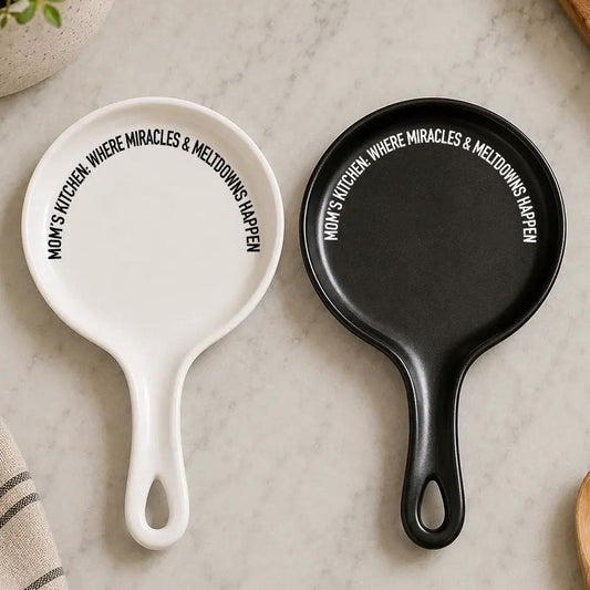 Moms Kitchen Meltdowns spoon rest set by Gia Roma in white and black, two spoon rests on Tampa Home & Garden Store