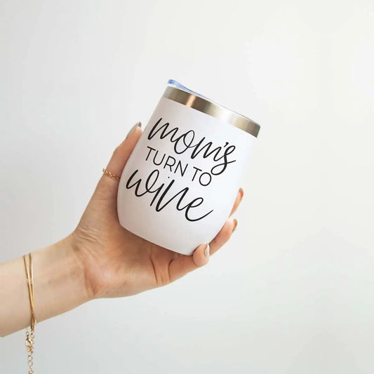 Mom's Turn 12oz travel mug with lid white Gia Roma wine tumbler on Tampa Home & Garden Store
