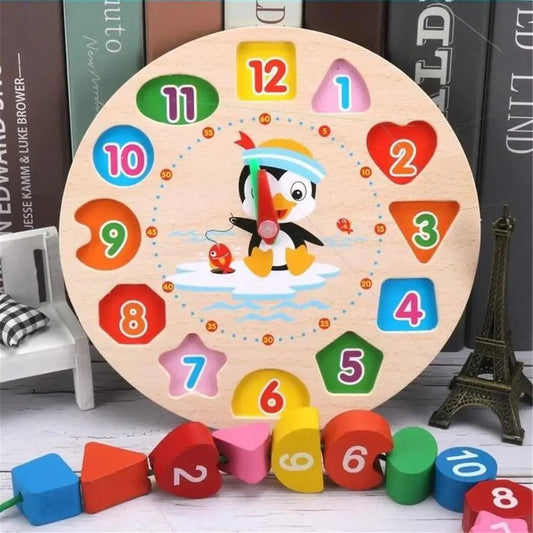 Stevvex Montessori wooden beaded clock puzzle with cartoon penguin and colorful numbers for kids on Tampa Home & Garden Store