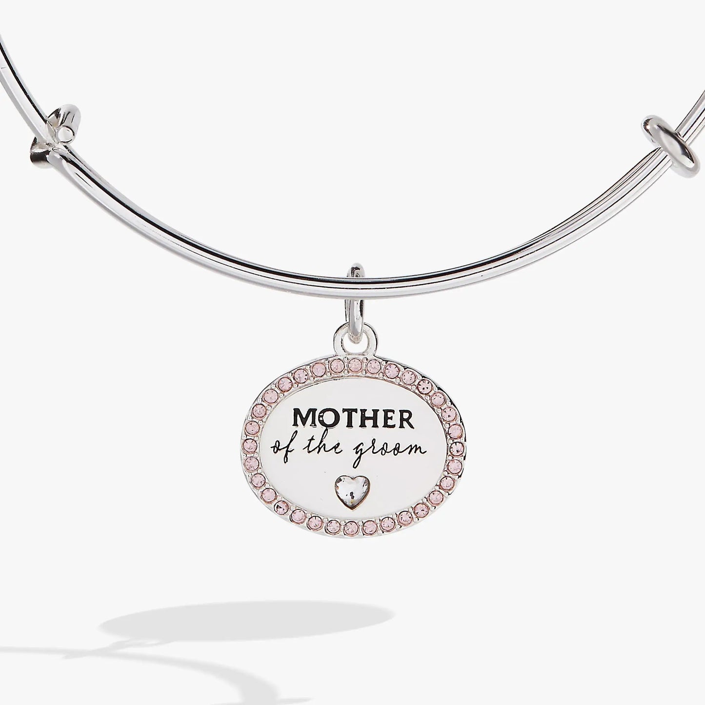 Mother of the Groom Bangle with circular pink-stone rim charm on a silver open bracelet on Tampa Home & Garden Store