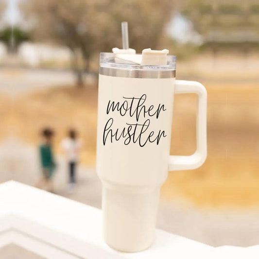 Mother Hustler 40oz insulated travel tumbler white with clear lid and straw by Gia Roma on Tampa Home & Garden Store