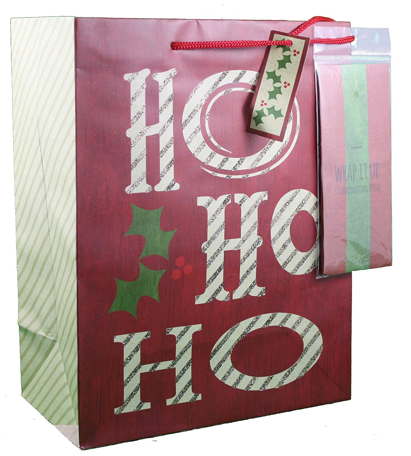 Large red gift bag with glitter HO HO HO and holly, tissue included, by The Country Christmas Loft on Tampa Home & Garden Store