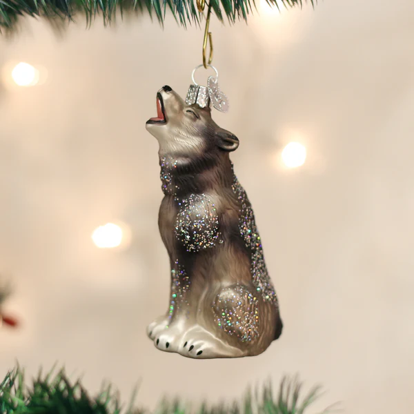 Old World Christmas Howling Wolf Ornament, silver-glittered glass wolf hanging decoration on Tampa Home & Garden Store