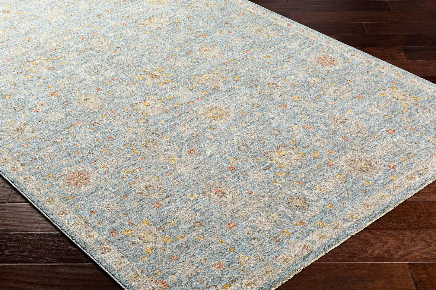 Mira Thick Luxe Oushak Rug Taupe blue floral motif by Boutique Rugs on Tampa Home & Garden Store