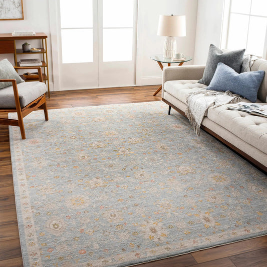 Mira Thick Luxe Oushak Rug in Taupe by Boutique Rugs; soft blue-gray with subtle floral motifs on Tampa Home & Garden Store