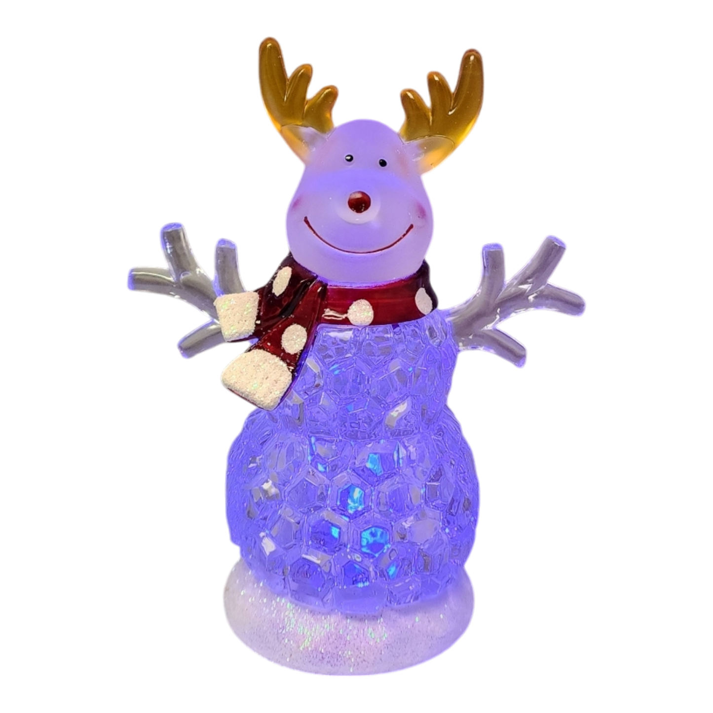Lighted shimmer reindeer snowman ornament with purple crystal base and red scarf on Tampa Home & Garden Store