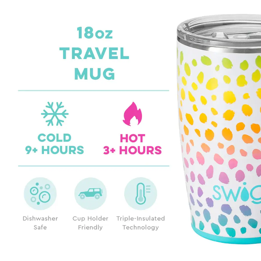 Wild Child Travel Mug 18oz Neon Spotted Pattern white tumbler with neon dots and stainless lid on Tampa Home & Garden Store