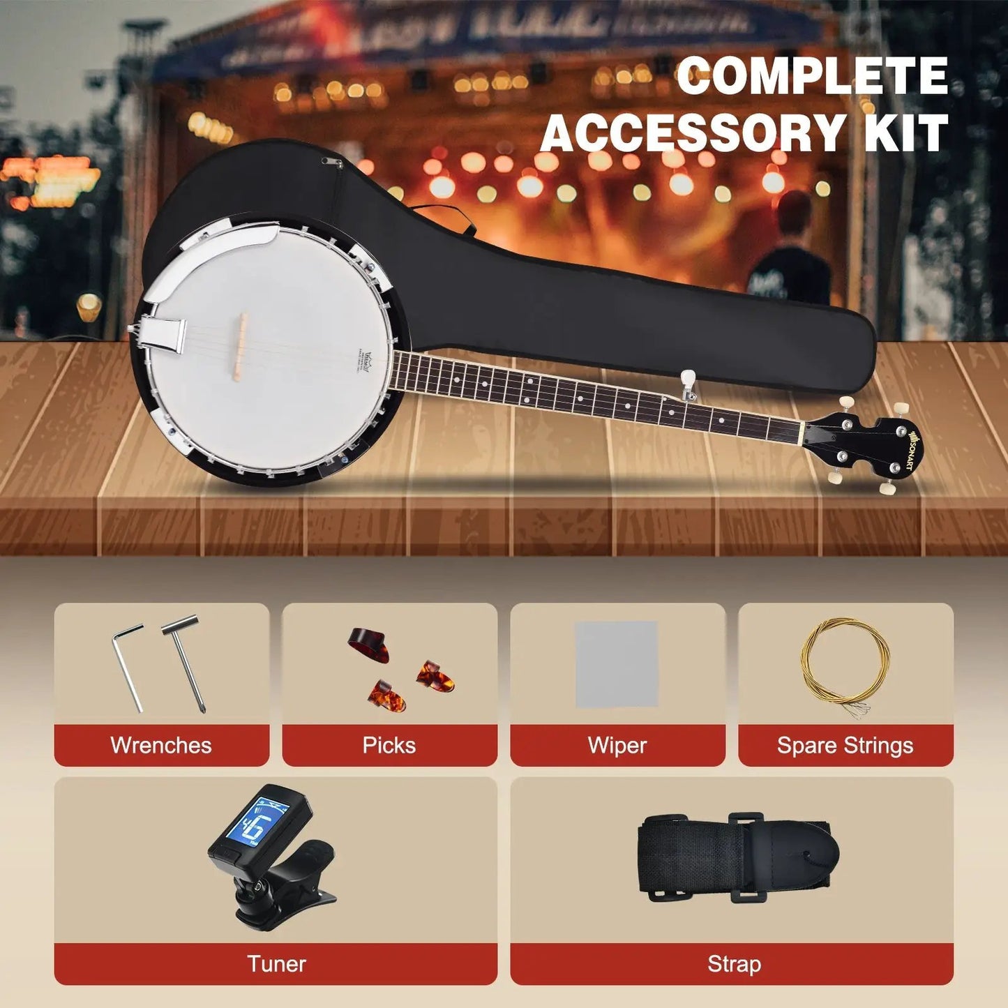 5-string geared tunable banjo with black case on stage, DirectDeals 5-String Banjos on Tampa Home & Garden Store