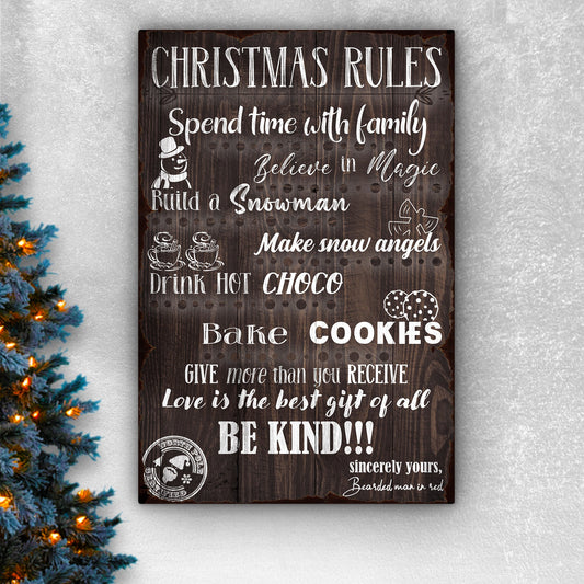 Christmas Rules Sign canvas with rustic wood grain, white script lettering and snowman graphic on Tampa Home & Garden Store