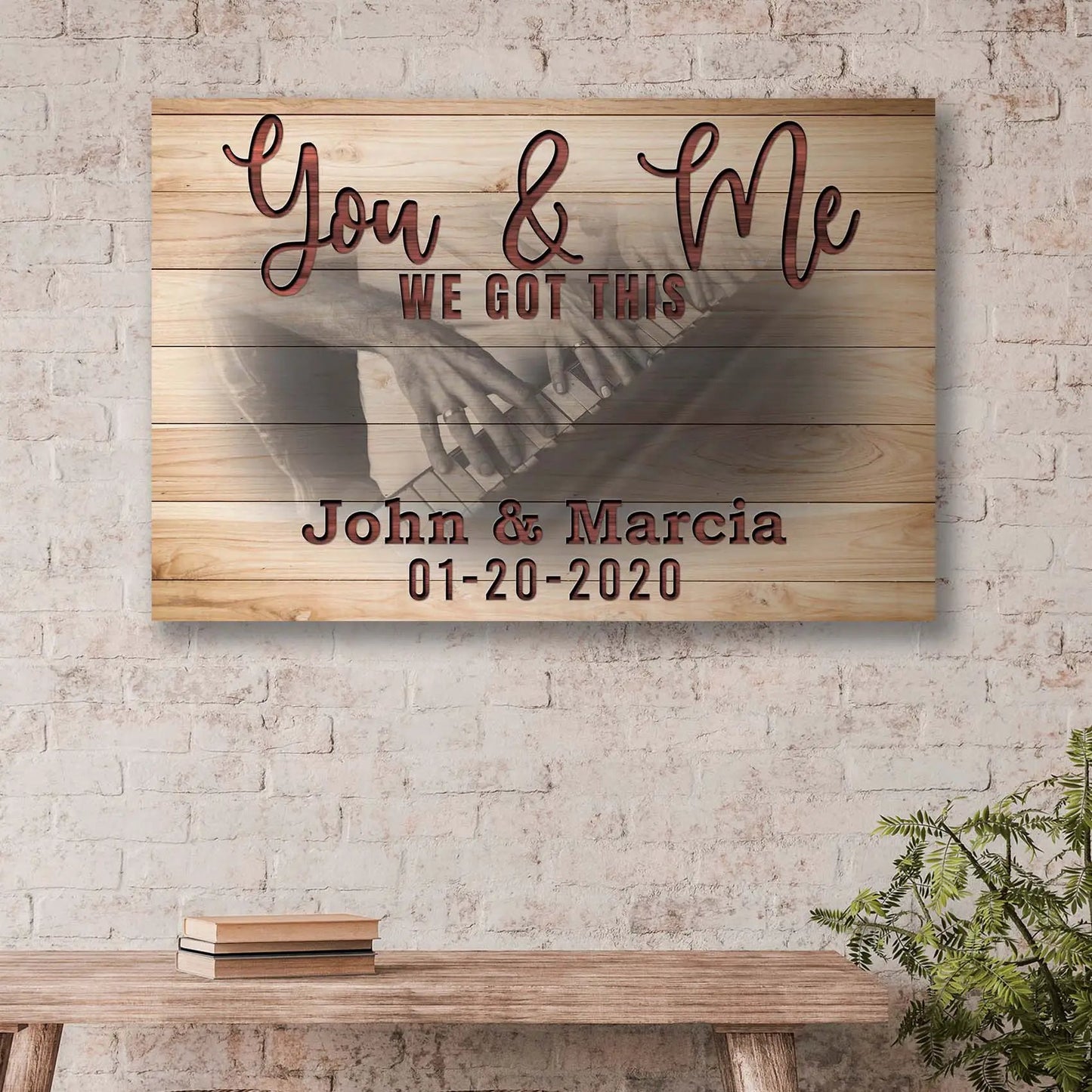 You & Me We Got This Couple Piano Sign canvas on wood with maroon script Tailored Canvases on Tampa Home & Garden Store