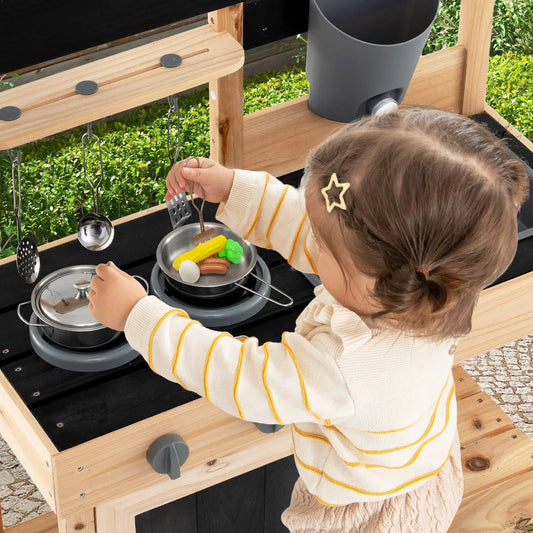 Outdoor Mud Kitchen Playset with Removable Sinks natural wood toy kitchen with metal utensils on Tampa Home & Garden Store