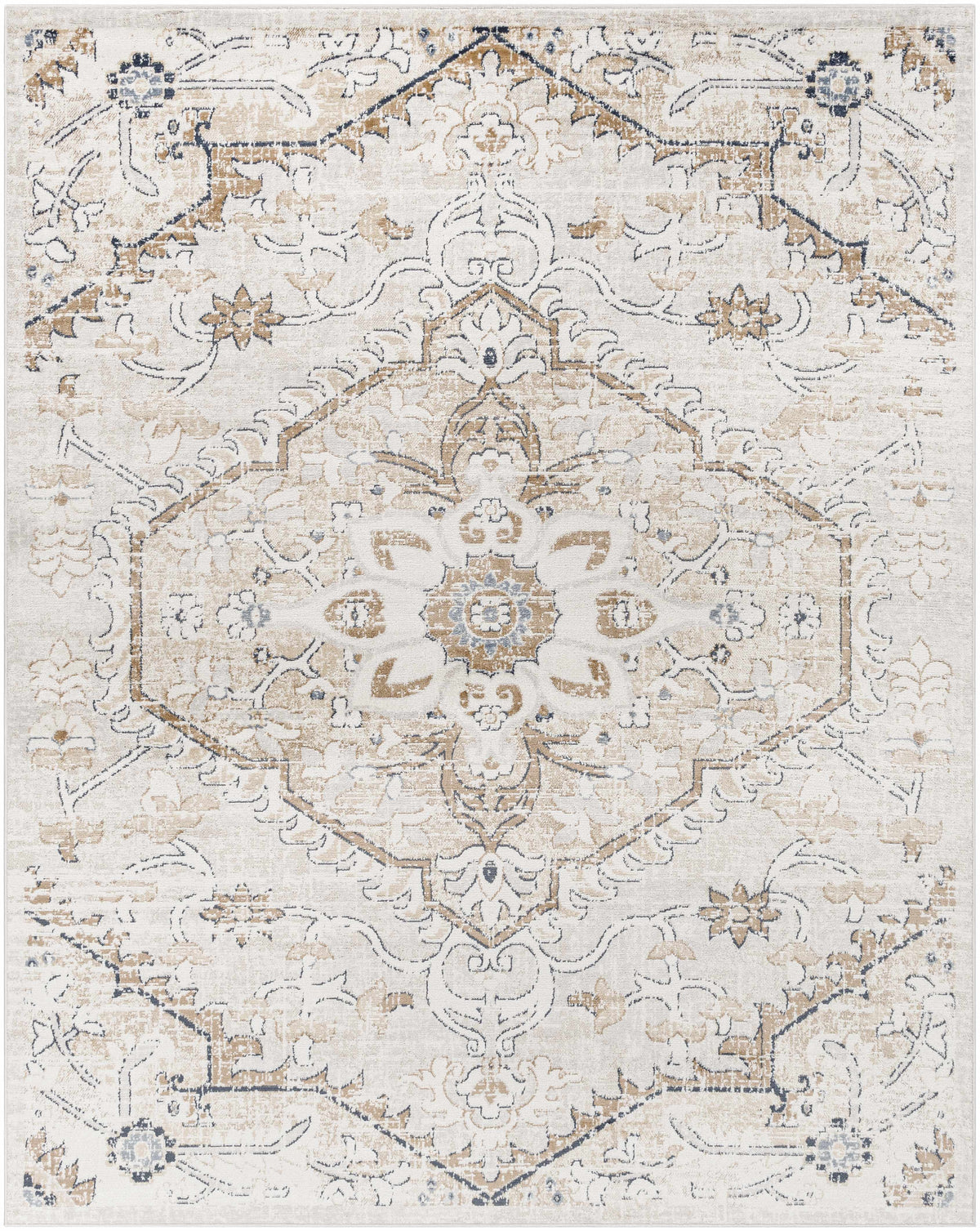 Mudgee Area Rug, Boutique Rugs; beige ivory navy oriental medallion with distressed look on Tampa Home & Garden Store