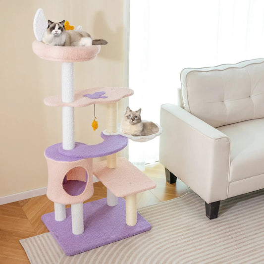 Multi-Level Cat Tower with Sisal Scratching Posts, pink and purple plush, two cats lounging on it on Tampa Home & Garden Store