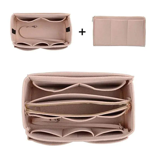 Beige multi-pocket makeup bag with zip compartments and a detachable pouch on Tampa Home & Garden Store