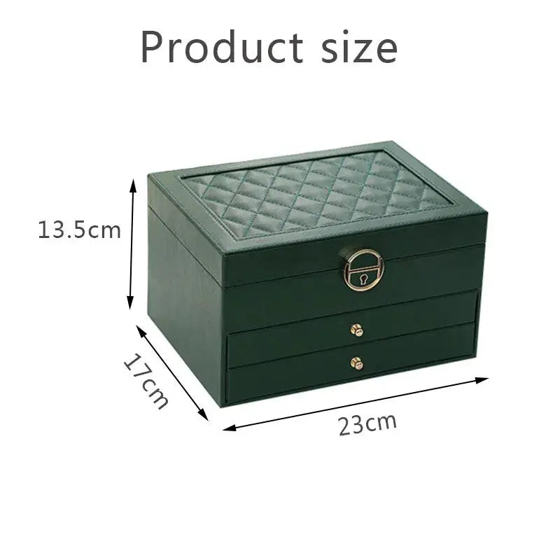 Three-layer green leather jewelry box organizer with 3 drawers Moktan Sabai 23x17cm on Tampa Home & Garden Store